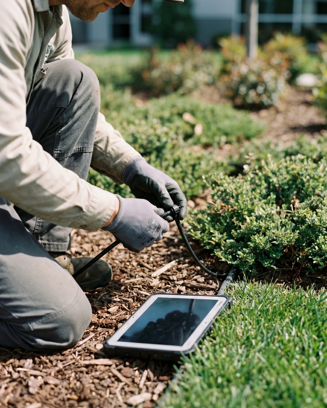 ManageMowed account manager inspecting a drip irrigation line in a commercial planting bed near historic Canton Street in Roswell