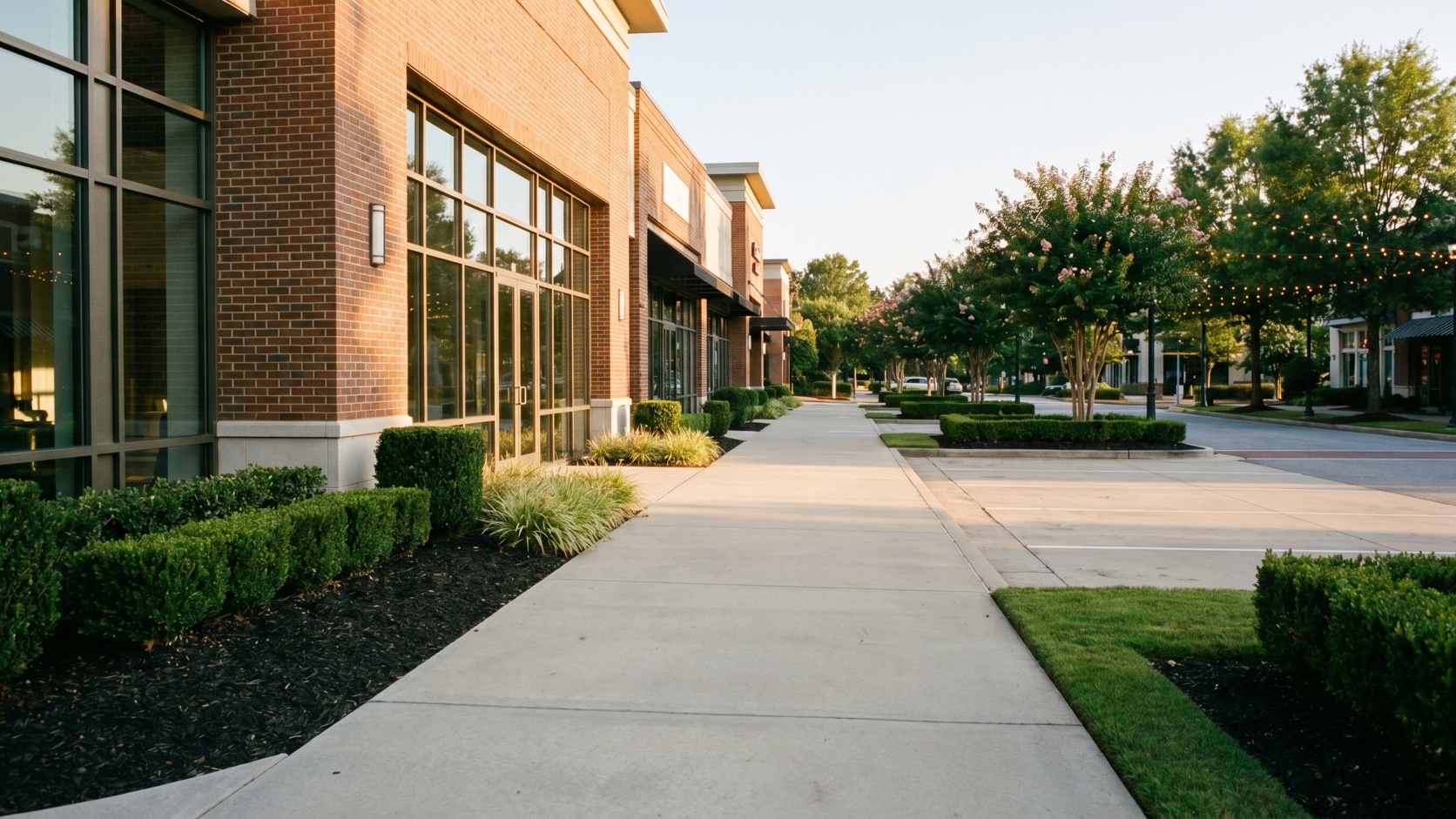 Polished brick and glass commercial office exterior with crisp landscaping at golden hour on a downtown Alpharetta style streetscape