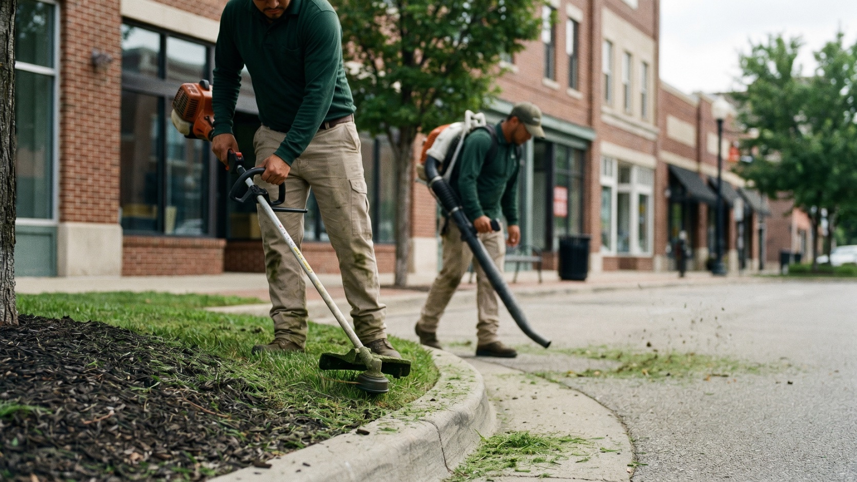 ManageMowed crew edging turf and clearing walkways at an upscale Alpharetta retail center on a humid Georgia summer morning